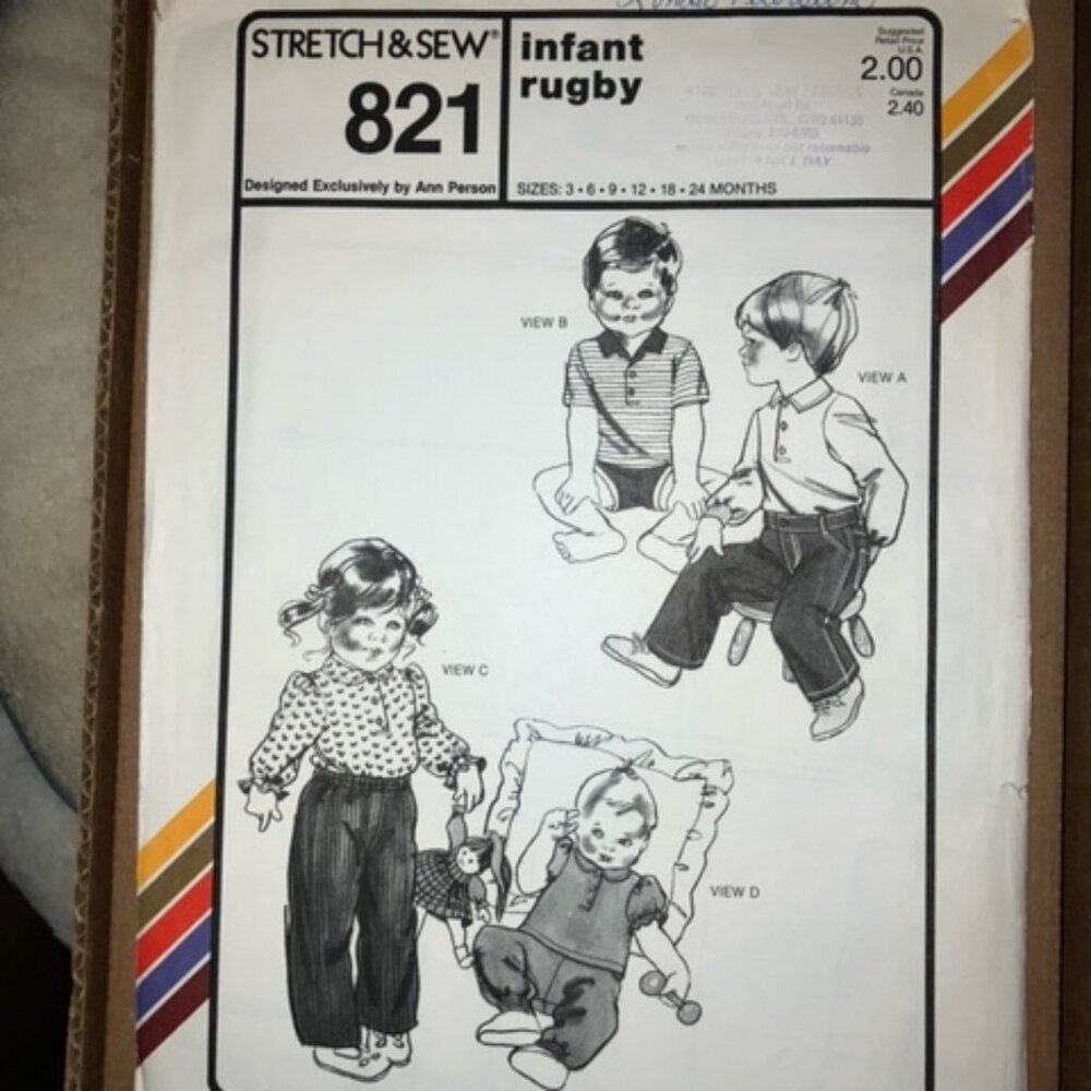 Stretch & Sew Pattern 821 Infant Rugby patterns 3, 6, 9, 12, 18, 24 months old